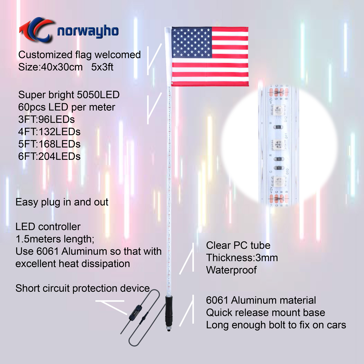 NWH-IC Inside LED Whip 365 colores Combinación Dream Lighting Flag Whip para offroading